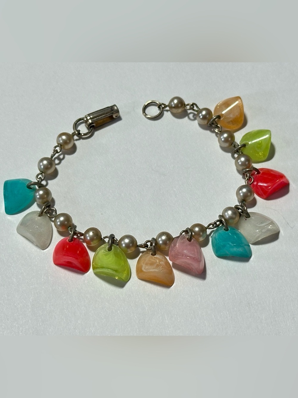 Vintage Rainbow Lucite Pearl Charm Bracelet UV Reactive Grandmacore 60s Kidcore